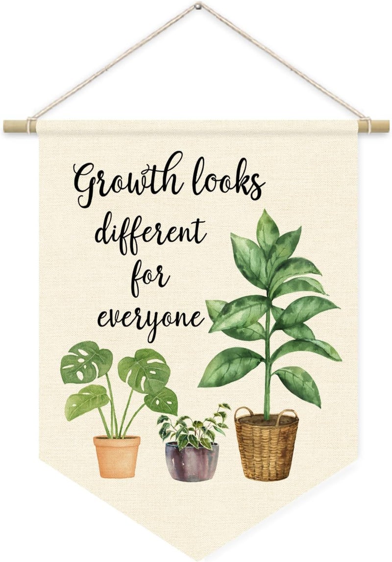 ETVISO Boho Classroom Decor, Positive Affirmations Green Wall Decor Canvas Banner, Greenery Plant Classroom Growth Looks Different for Everyone, Wall Hanging Pennant Flag Banner 15x11in - Image 1